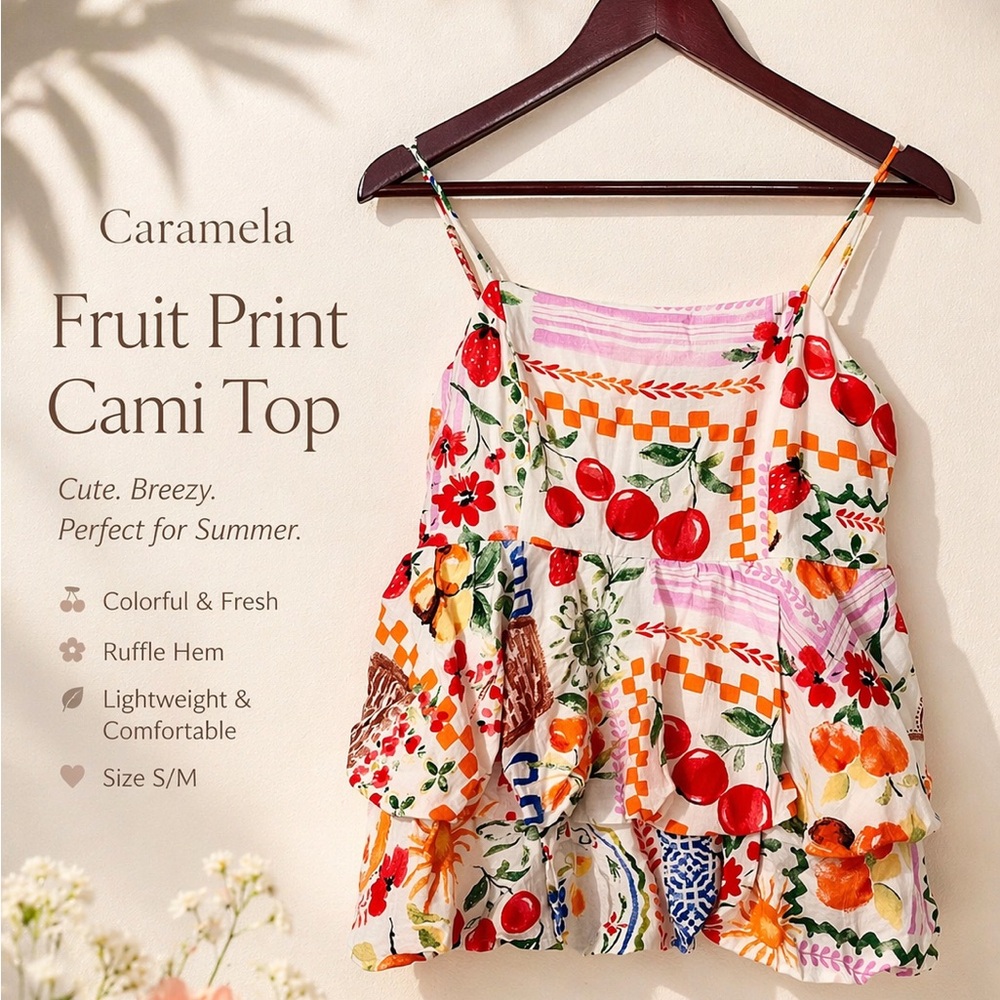 Caramela Fruit Print Ruffle Cami Top | Cute Summer Floral Tank S/M